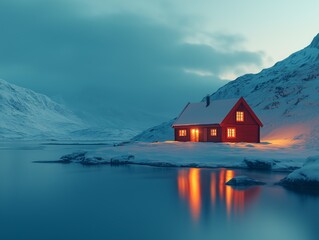 Fototapeta premium A cozy red cabin glows warmly by a snowy lake, reflecting tranquility, solitude, and winter beauty. The image conveys peace, adventure, and picturesque serenity.