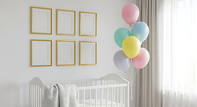 Bright baby nursery with a white crib, elegant gold frames, and pastel balloons, embodying the joyful anticipation and gentle preparation for a new family member's arrival