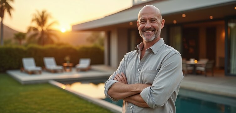 Bald man smiles standing near house. Male crosses arms near modern villa with pool at sunset. Senior rests outdoors. Person posing near luxury real estate.