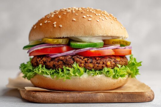 A delicious vegan burger is presented, showcasing vibrant lettuce, tomato, onion, pickles and a sesame seed bun on a wooden plate Generative AI - Powered by Adobe