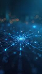 Fototapeta premium Image shows digital network of glowing blue lights, lines. Data particles radiate from central bright point. Abstract tech background represents AI, big data, innovation. Digital connection.