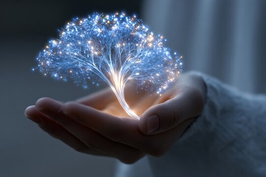 A person gently holds a radiant, tree-shaped AI projection Generative AI