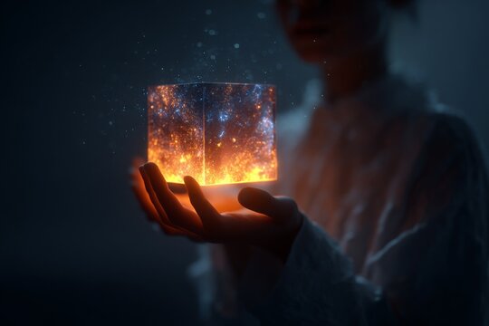 A person holds a glowing cube. The cube appears to contain and project a nebula, showing what seems like mastery over artificial intelligence Generative AI - Powered by Adobe