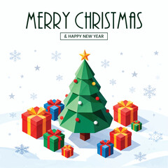 Fototapeta premium Isometric Christmas Tree and Stacked Presents in Snow, Celebrating a Geometric Merry Christmas and Happy New Year
