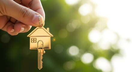 Hand holding a golden houseshaped key charm against a blurred green background