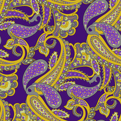 Turkish Cucumber Paisley. Seamless vector pattern in traditional oriental style with flowers, leaves and fantasy elements. Fabric and wallpaper cover