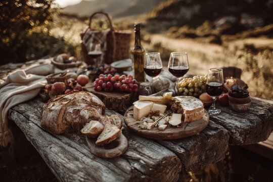 A rustic picnic is displayed on a wooden table. Wine glasses, bread, cheese, and fruit are enjoyed against a beautiful natural backdrop Generative AI - Powered by Adobe