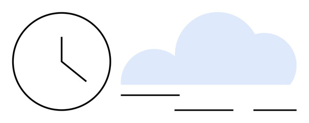 Clock indicating time alongside a cloud with simple lines suggesting data flow. Ideal for productivity, scheduling, efficiency, cloud storage, innovation, organization, technology. Simple flat