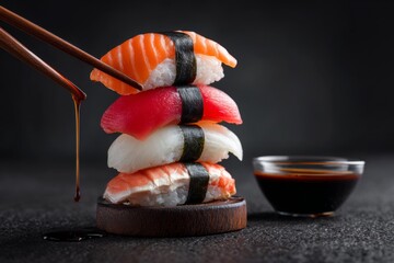 A stack of four sushi nigiri, including salmon, tuna, white fish, and shrimp, is shown on a dark surface. Chopsticks drip soy sauce beside it Generative AI