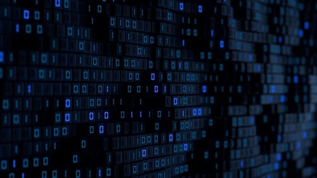 The video shows binary code on a dark blue background. The video is 20 seconds. The maximum resolution is 4K. 3D rendering.