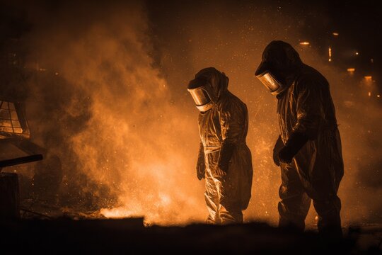 Two workers, clad in glowing orange heat suits, brave the intense heat of molten metal during a dark shift at the Steel Mill Generative AI