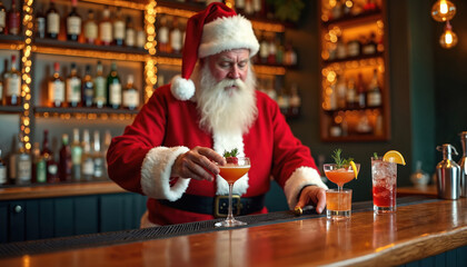 Santa Claus serves festive cocktails at cozy bar. Carefully garnishes colorful drinks on wooden counter, ready for friends. Christmas lights glow on background shelves, filled with liquor bottles,