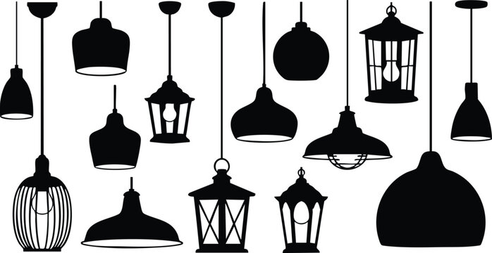 Various hanging lamps and lanterns silhouette vector illustration with diverse shapes and designs for lighting decoration ideas 