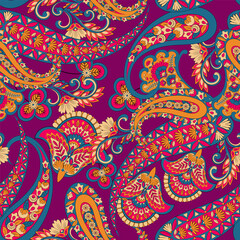 Floral seamless pattern with paisley ornament. Vector illustration in asian textile style