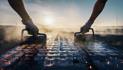 A gloved hand interacts with a glowing digital interface on a tablet screen, surrounded by sawdust and workshop elements, suggesting technological integratio...