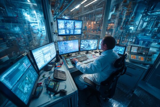 White coat at desk, monitors aglow. Blue-lit data streams in command center Generative AI