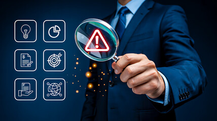 Businessperson highlighting red warning triangle with magnifying glass surrounded by icons symbolizing risk, strategy and data analysis