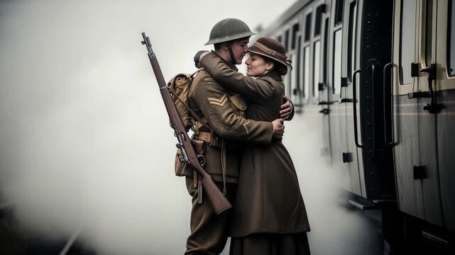 Faithful soldier and subordinate bid farewell at foggy train station