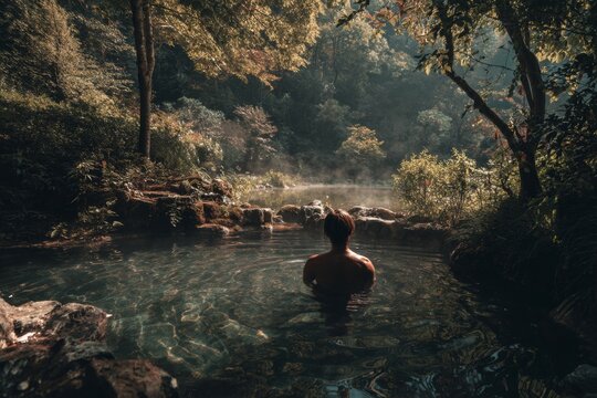 A person is relaxing in a steamy hot spring, surrounded by a tranquil forest. Mist rises off the water in early light, creating a peaceful atmosphere Generative AI