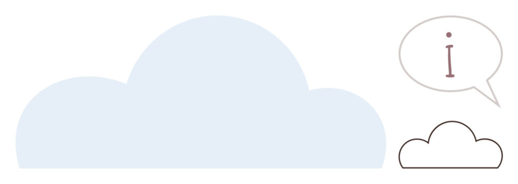 Large blue cloud with a speech bubble containing the letter i above a smaller cloud. Ideal for data, technology, communication, storage, information exchange, simplicity, and minimalism. Flat simple