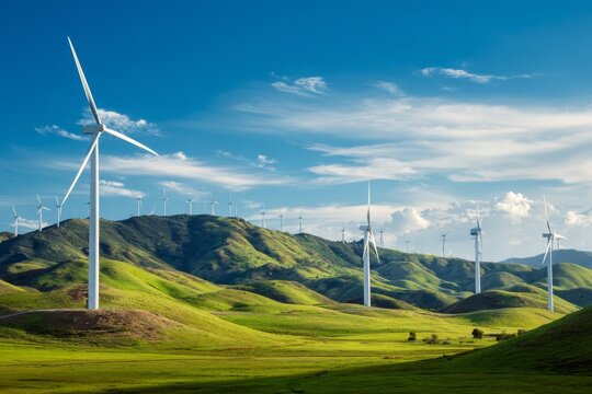Wind turbines stand tall on green, rolling hills under a bright blue sky with scattered clouds. They appear to be spinning, generating energy Generative AI