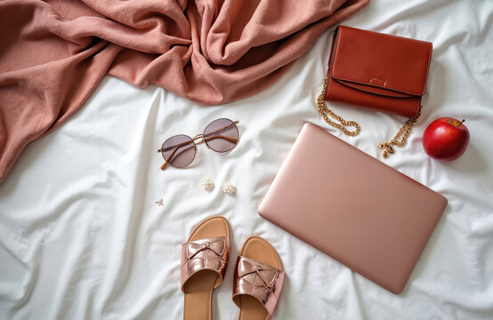 Flat lay of female fashion accessories, digital device on white bedsheet. Woman things as sunglasses jewelry purse laptop apple sandals, pink scarf creating cozy home office workspace. Girl boss
