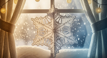 Snowflake paper ornament hanging in window with snow falling outside - Concept of Christmas and New Year - Holiday Decorations  