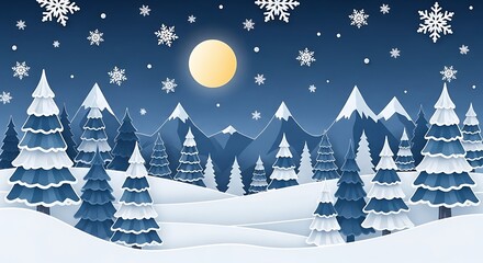 A serene winter landscape unfolds with snowcovered pine trees, majestic mountains, and a glowing full moon under a starry night sky