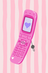 Colorful sticker of old mobile phone in girly kawaii Y2k style. Korean pop culture illustration. Hand drawn print of flip phone for planner, scrapbooking, social media, merch design.