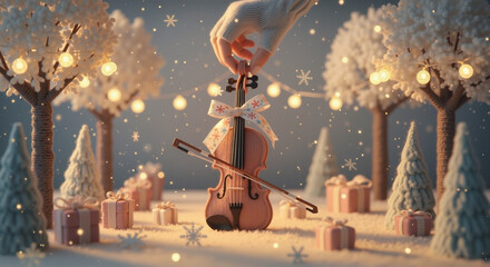 Hand holding a violin with festive ribbon in winter wonderland scene - Concept of Christmas and New Year - Holiday Decorations  