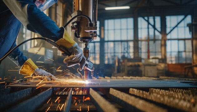 A skilled worker in protective gear uses a plasma cutter to precisely shape metal in a bustling industrial workshop, with sparks flying.