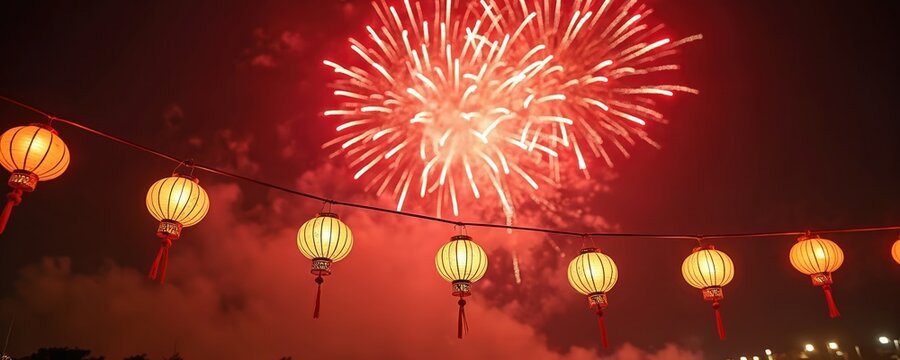 Bright red fireworks burst against dark sky. Traditional yellow lanterns hang, glow for Chinese New Year. Festivities mark lunar celebration, light up night with culture, joy. Events showcase