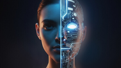 Half Human Half Cyborg Face Concept with Futuristic Technology Details