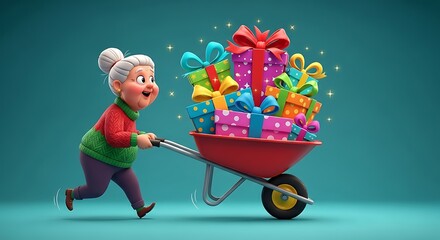 Joyful Elderly Woman with Gift Wheelbarrow &ndash; Holiday Vector Illustration