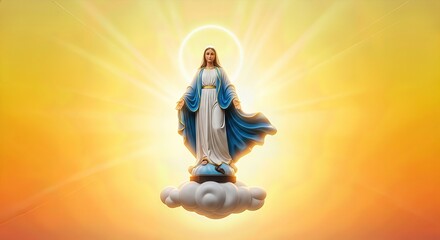 Virgin of Caacupe, Our Lady of Paraguay, stands majestically on soft clouds. This glorious Christian holiday celebrates the Feast of the Immaculate Conception with spiritual radiance.