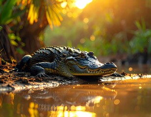 A large crocodile sunbathing on a muddy riverbank under warm sunlight, surrounded by tropical vegetation and calm water reflections