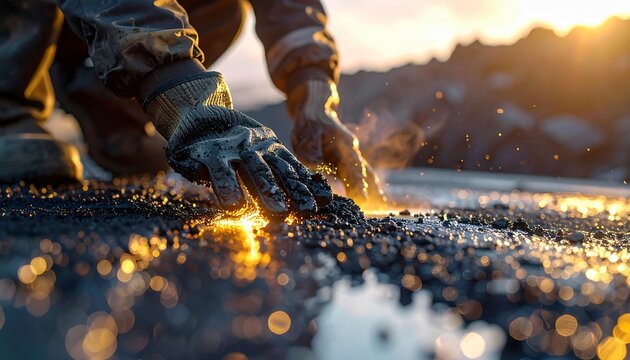 A person wearing work gloves carefully examines dark, granular material on a wet, reflective surface, with warm sunlight glinting off the droplets and illuminating the background.