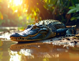 A large crocodile sunbathing on a muddy riverbank under warm sunlight, surrounded by tropical vegetation