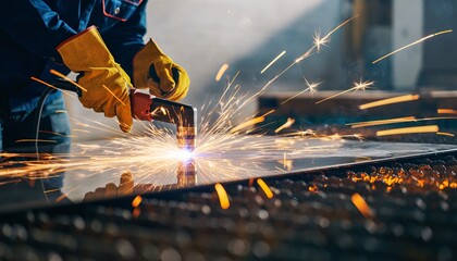 A skilled worker in protective gear uses a plasma cutter to precisely shape a metal sheet, creating a shower of bright sparks in an industrial setting.