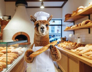 Cute alpaca baker in chef's hat and apron proudly holds a fresh baguette in an artisan bakery