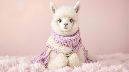 Naklejka premium Sweet white alpaca puppy in a cozy purple and cream scarf holding a macaron on a soft pink blanket