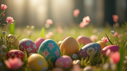Easter eggs, bunny and spring flowers on meadow. Easter concept