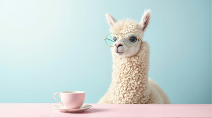 Naklejka premium Adorable alpaca wearing round glasses sits at a pink table with a teacup on a light blue background