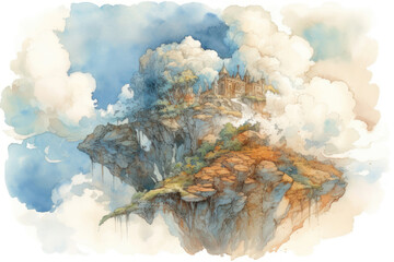 A watercolor fantasy illustration depicting a castle on a floating cliff surrounded by clouds. 