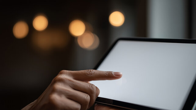 Woman hand pressing on white blank screen of digital tablet computer. Mockup