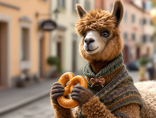 Naklejka premium Smiling alpaca in a cozy sweater holding a golden pretzel on a picturesque street
