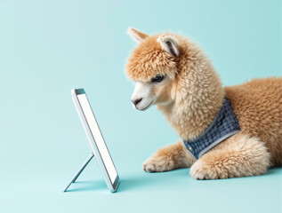 Naklejka premium Baby alpaca curiously looking at a tablet on a light blue background