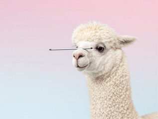 Naklejka premium Alpaca balancing a stylus pen on its face against a soft pastel gradient background