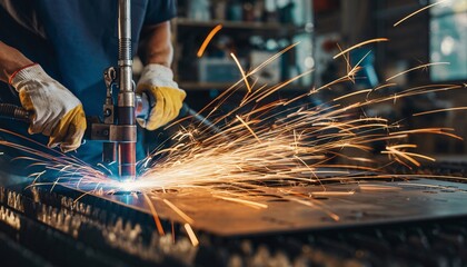 A skilled craftsman in a workshop meticulously operates a laser cutting machine, creating a shower of bright orange sparks as metal is precisely shaped.