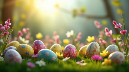 Easter eggs, bunny and spring flowers on meadow. Easter concept